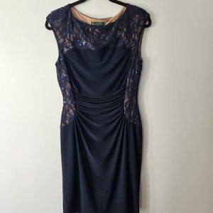 Lauren Ralph Lauren Navy Sequin Lace Womens Dress Size 10 Knee Length Sleeveless